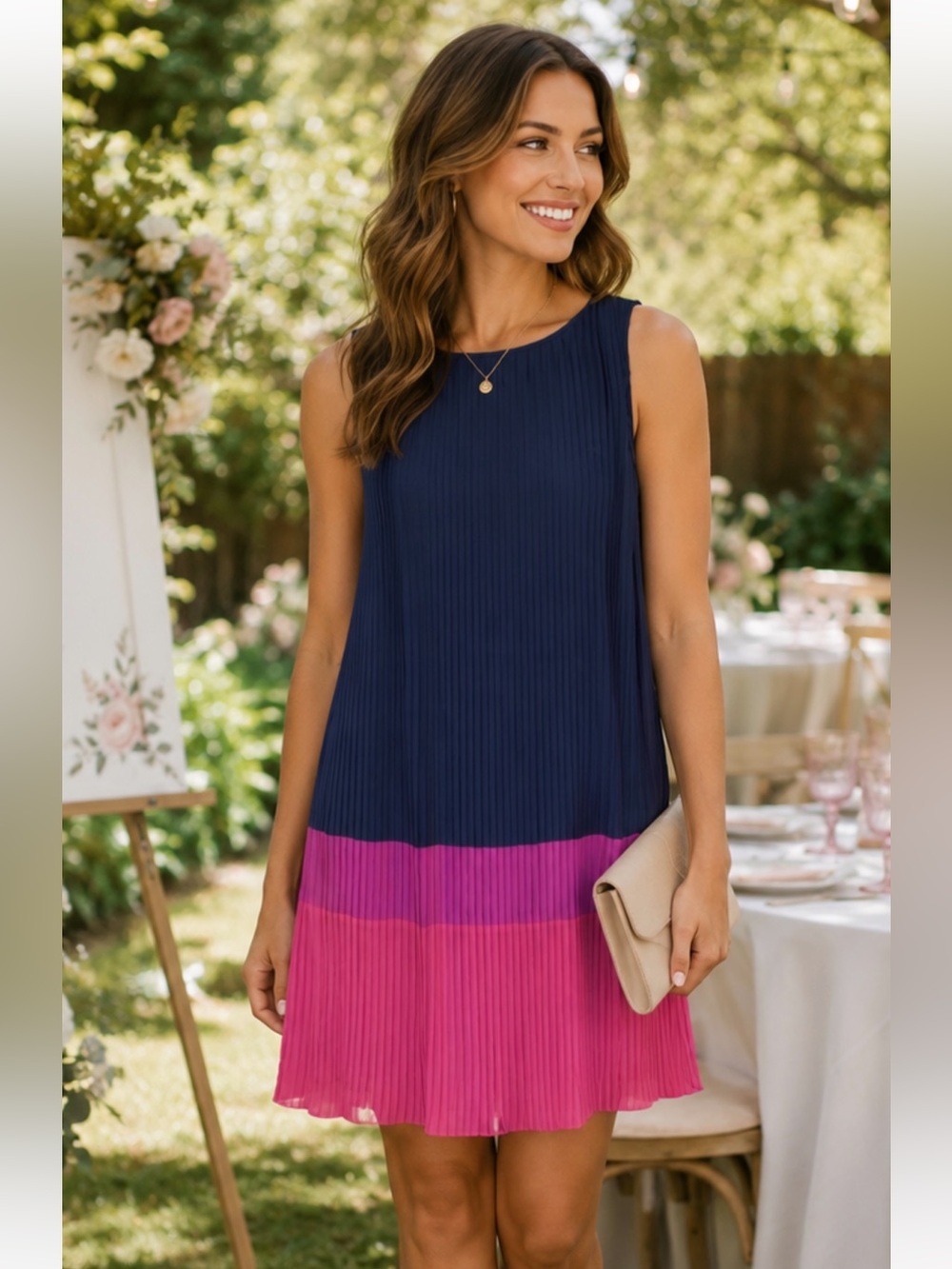Jessica Howard Accordion Pleat Dress Sz 12 Navy Purple Pink Shift Wedding *Note